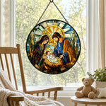 Holy family nativity scene stained glass suncatcher window hanging, suitable for home and garden decoration