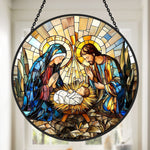 Holy family nativity scene stained glass suncatcher window hanging, suitable for home and garden decoration