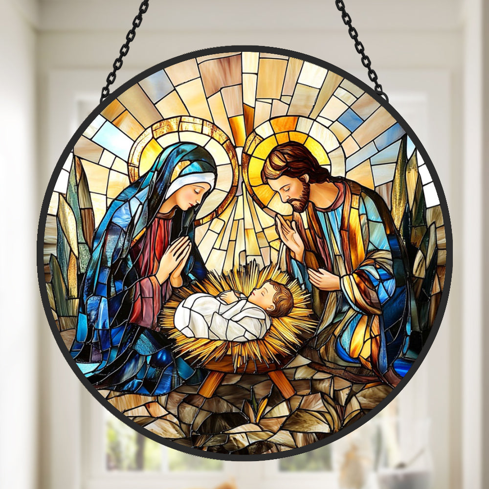 Holy family nativity scene stained glass suncatcher window hanging, suitable for home and garden decoration