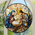 Holy family nativity scene stained glass suncatcher window hanging, suitable for home and garden decoration