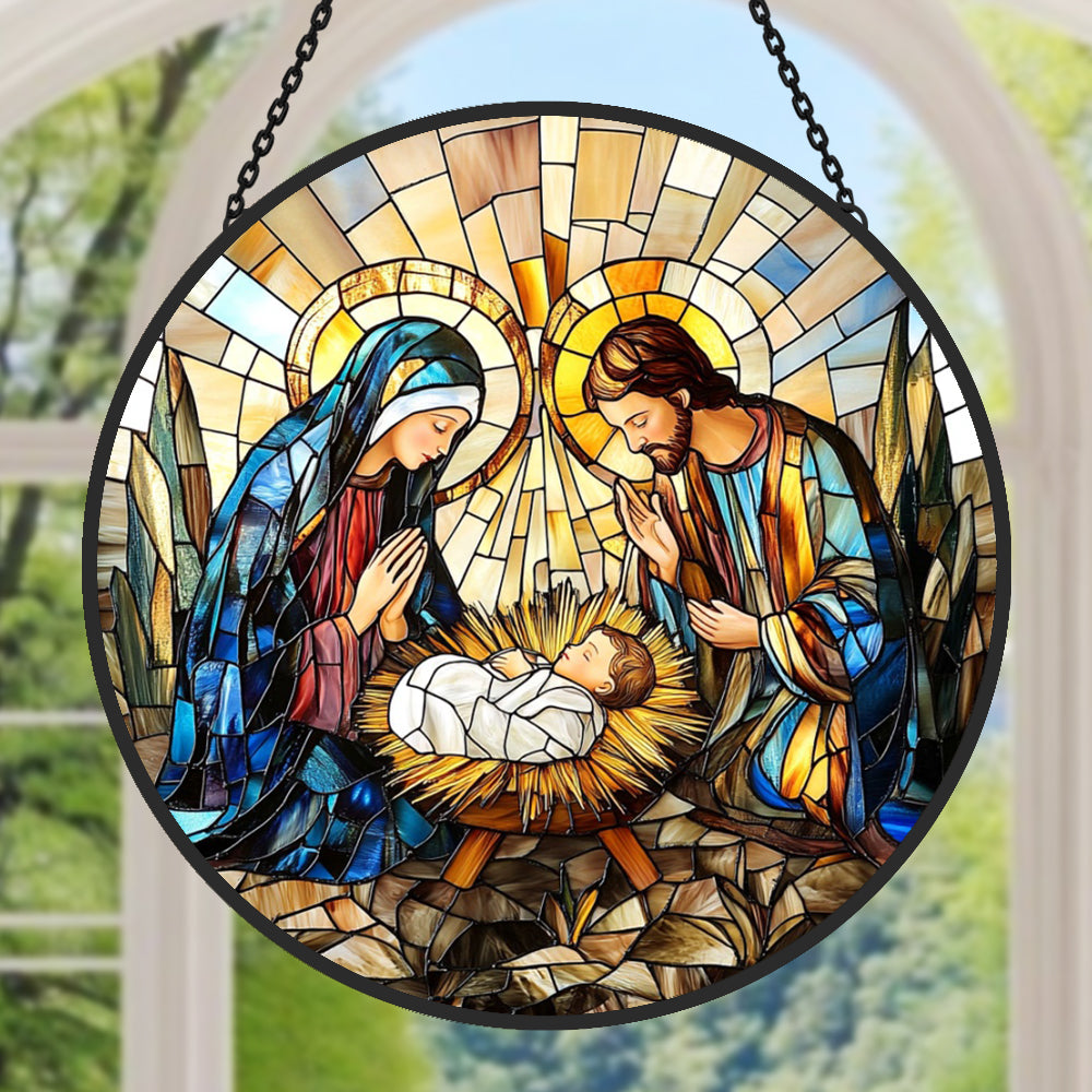Holy family nativity scene stained glass suncatcher window hanging, suitable for home and garden decoration