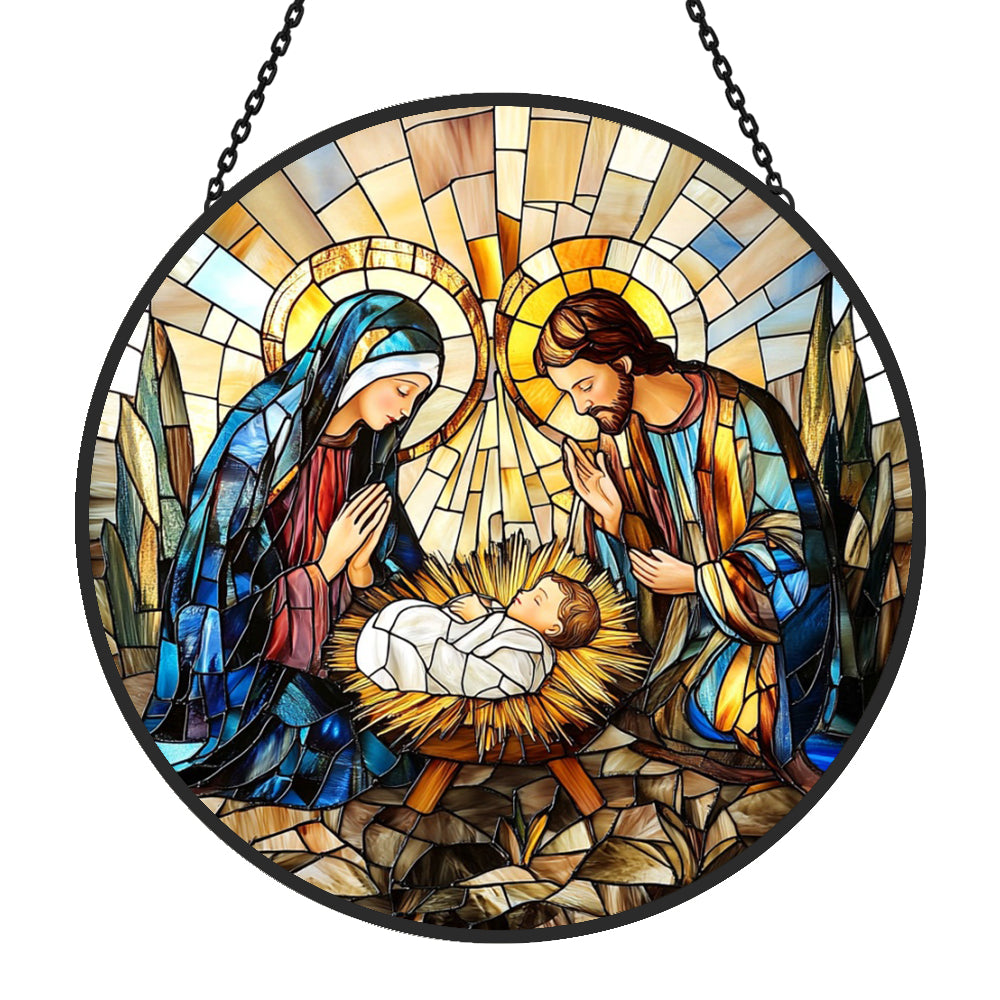 Holy family nativity scene stained glass suncatcher window hanging, suitable for home and garden decoration