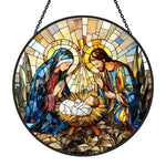 Holy family nativity scene stained glass suncatcher window hanging, suitable for home and garden decoration