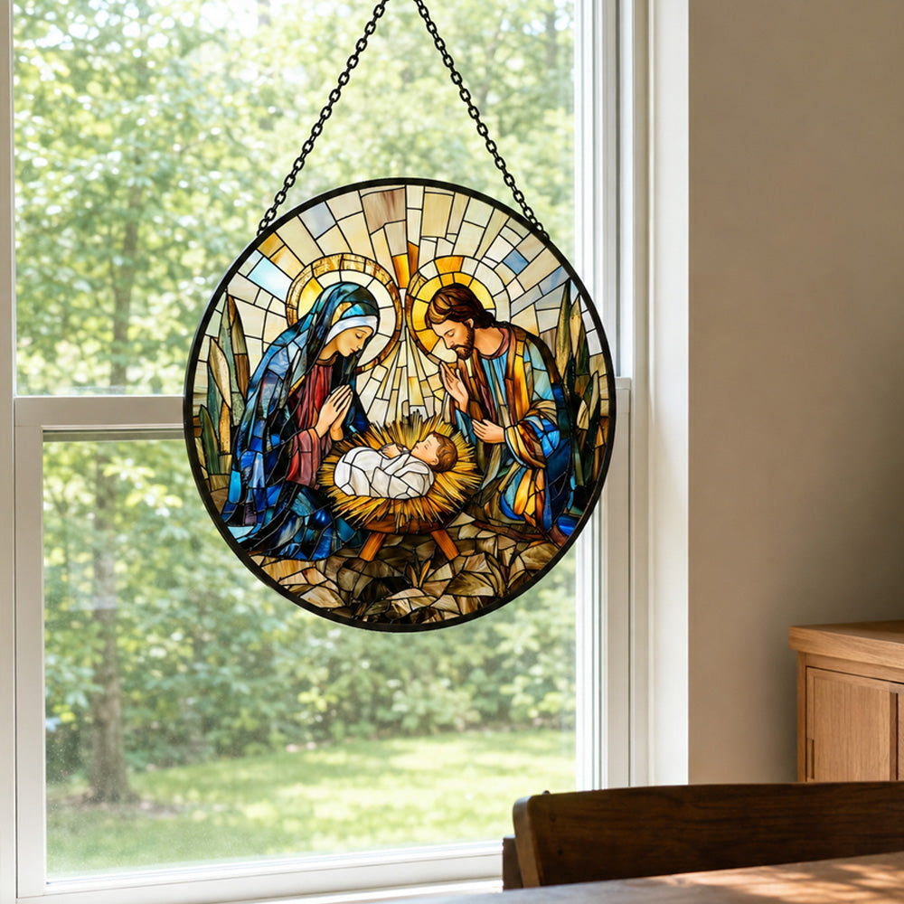 Holy family nativity scene stained glass suncatcher window hanging, suitable for home and garden decoration
