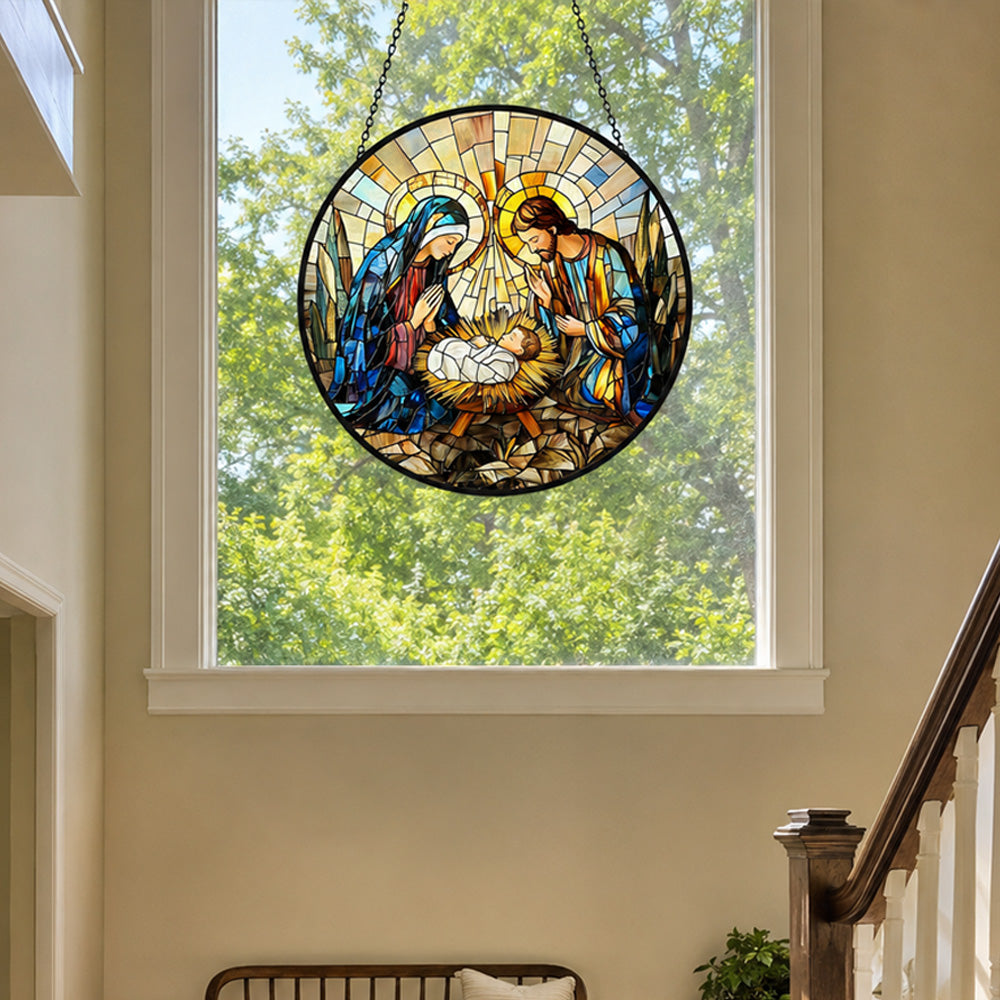 Holy family nativity scene stained glass suncatcher window hanging, suitable for home and garden decoration