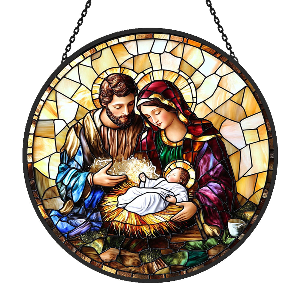 Holy family nativity scene stained glass suncatcher window hanging, suitable for home and garden decoration