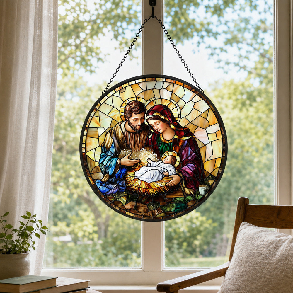 Holy family nativity scene stained glass suncatcher window hanging, suitable for home and garden decoration