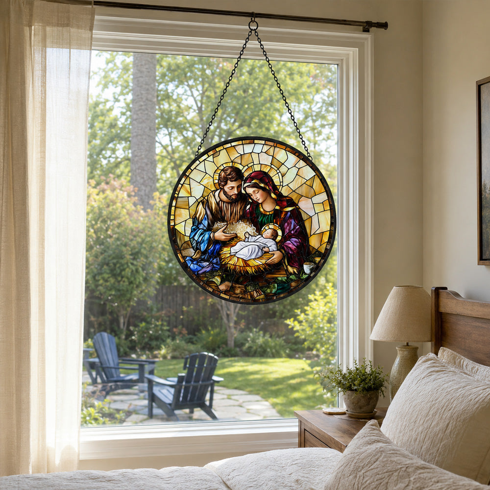 Holy family nativity scene stained glass suncatcher window hanging, suitable for home and garden decoration