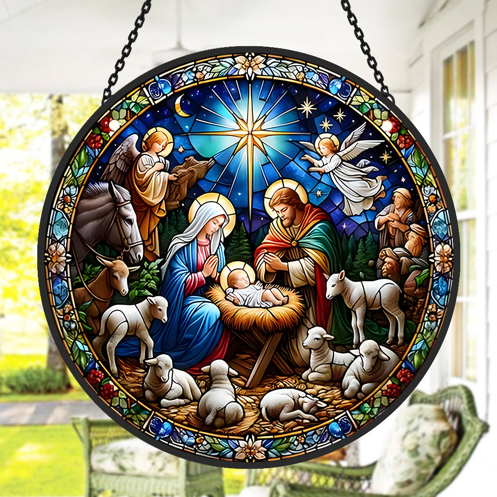 Holy family nativity with angels stained glass suncatcher window hanging, suitable for home and garden decoration