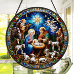 Holy family nativity with angels stained glass suncatcher window hanging, suitable for home and garden decoration