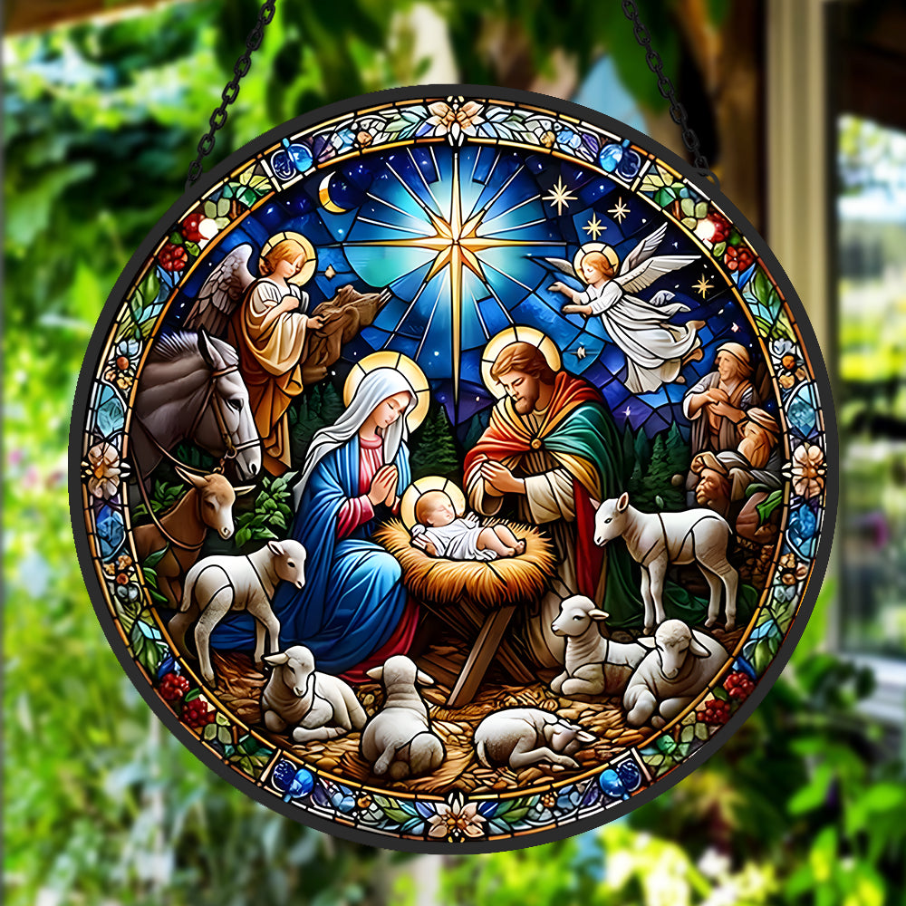 Holy family nativity with angels stained glass suncatcher window hanging, suitable for home and garden decoration