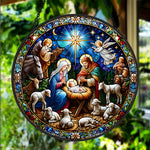 Holy family nativity with angels stained glass suncatcher window hanging, suitable for home and garden decoration