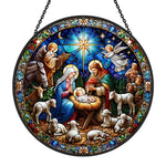 Holy family nativity with angels stained glass suncatcher window hanging, suitable for home and garden decoration