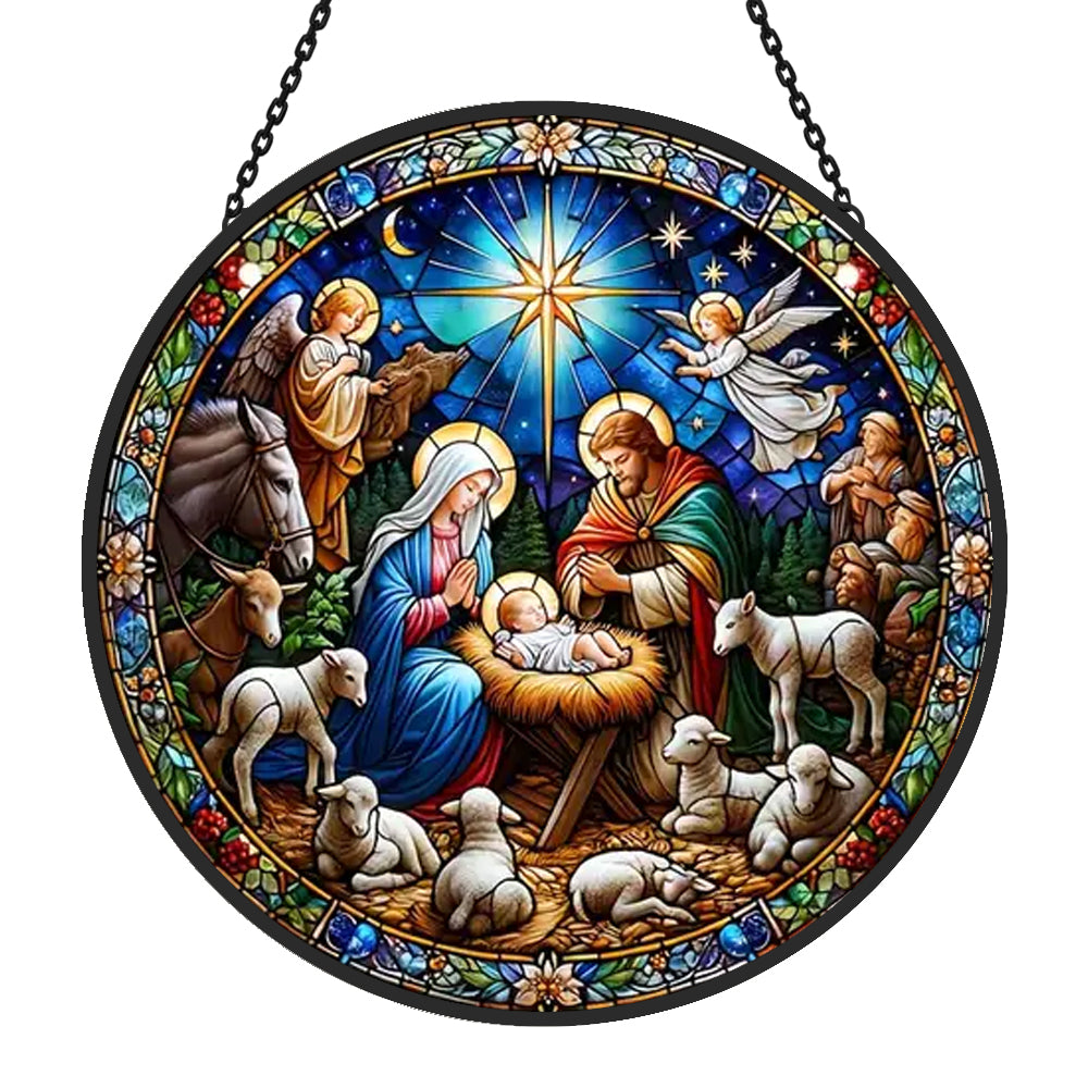 Holy family nativity with angels stained glass suncatcher window hanging, suitable for home and garden decoration