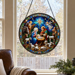 Holy family nativity with angels stained glass suncatcher window hanging, suitable for home and garden decoration