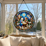 Holy family nativity with angels stained glass suncatcher window hanging, suitable for home and garden decoration