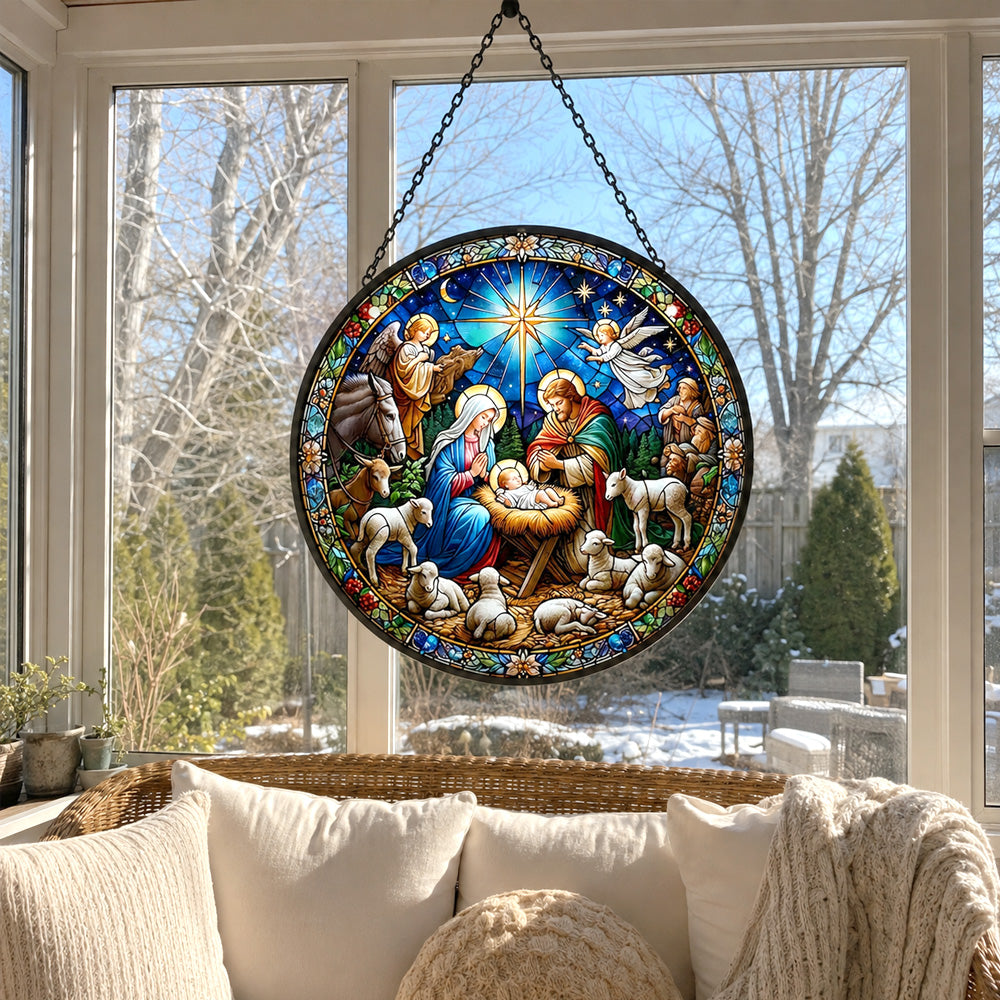 Holy family nativity with angels stained glass suncatcher window hanging, suitable for home and garden decoration