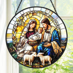 Holy family with lambs stained glass suncatcher window hanging, suitable for home and garden decoration