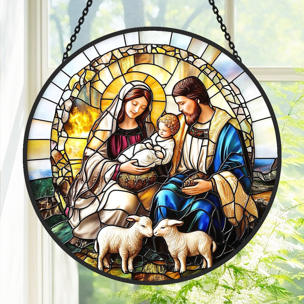 Holy family with lambs stained glass suncatcher window hanging, suitable for home and garden decoration