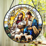 Holy family with lambs stained glass suncatcher window hanging, suitable for home and garden decoration