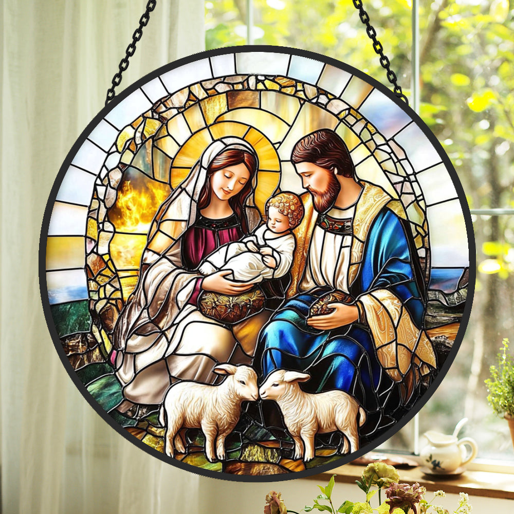 Holy family with lambs stained glass suncatcher window hanging, suitable for home and garden decoration