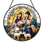 Holy family with lambs stained glass suncatcher window hanging, suitable for home and garden decoration