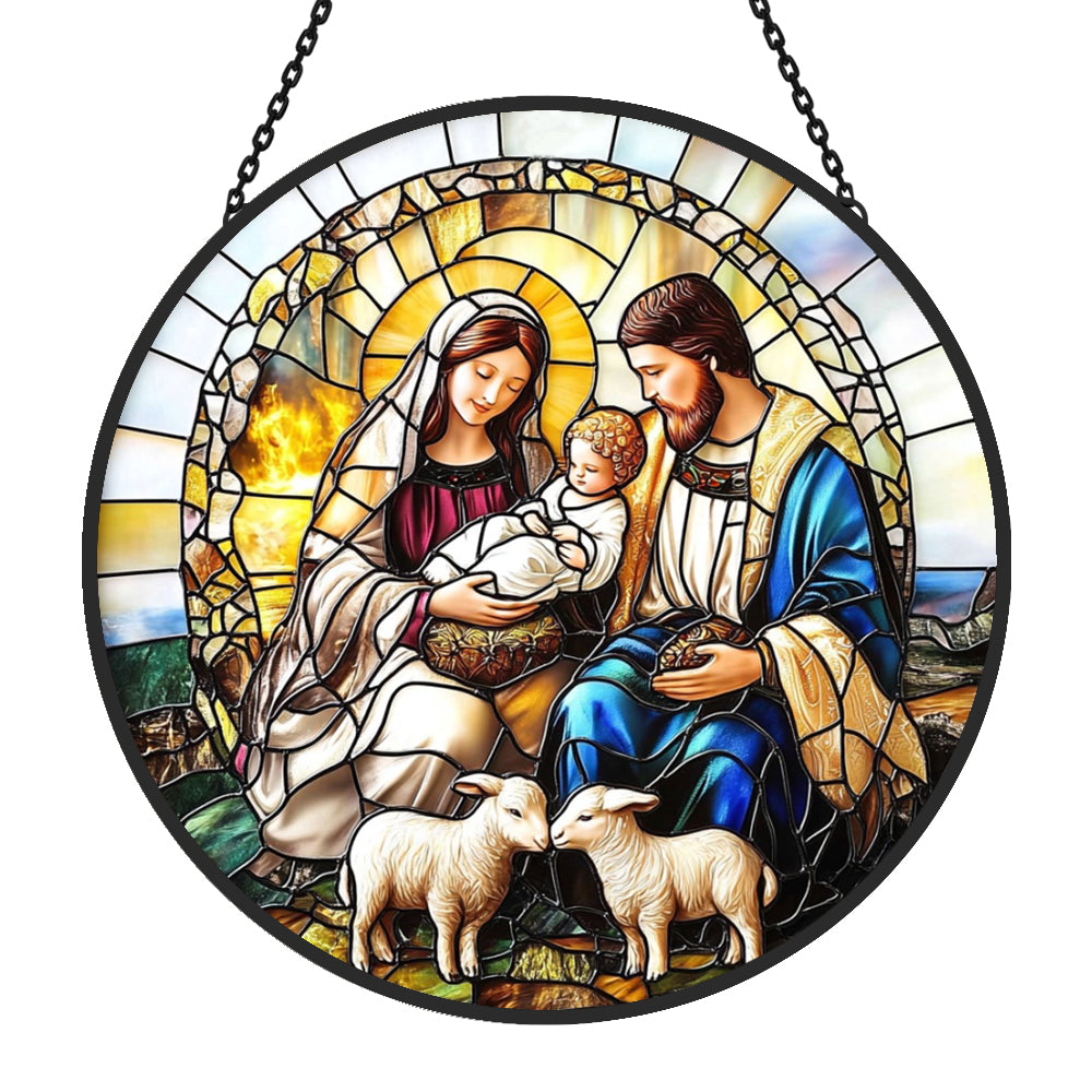 Holy family with lambs stained glass suncatcher window hanging, suitable for home and garden decoration