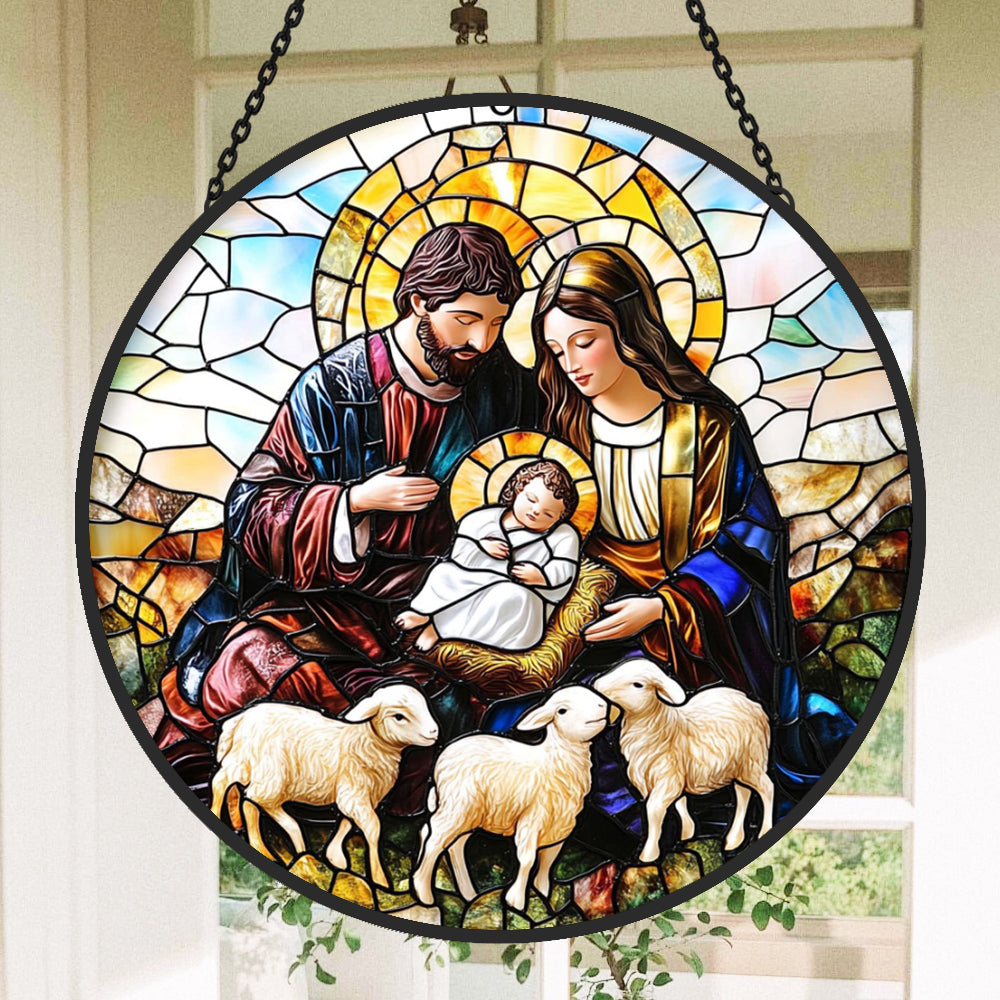 Holy family with three lambs stained glass suncatcher window hanging, suitable for home and garden decoration