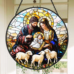 Holy family with three lambs stained glass suncatcher window hanging, suitable for home and garden decoration