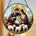 Holy family with three lambs stained glass suncatcher window hanging, suitable for home and garden decoration