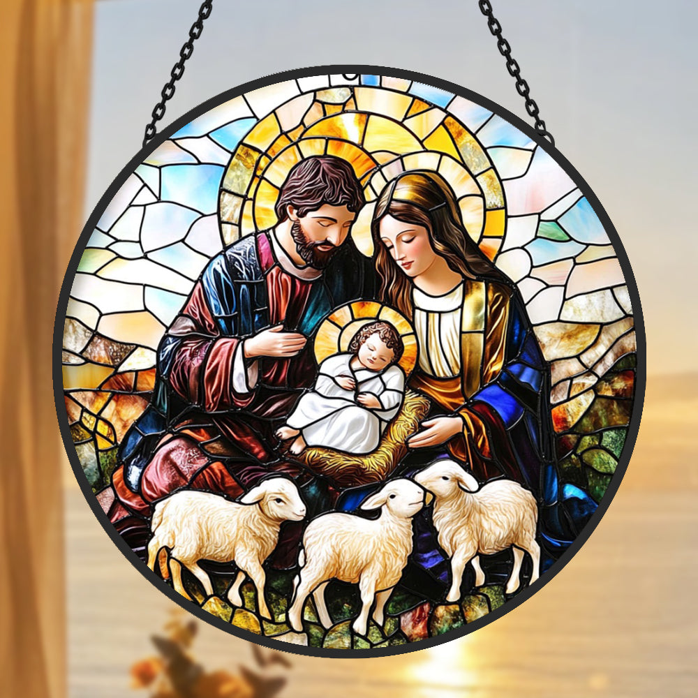 Holy family with three lambs stained glass suncatcher window hanging, suitable for home and garden decoration