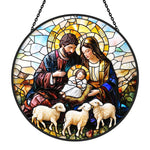 Holy family with three lambs stained glass suncatcher window hanging, suitable for home and garden decoration