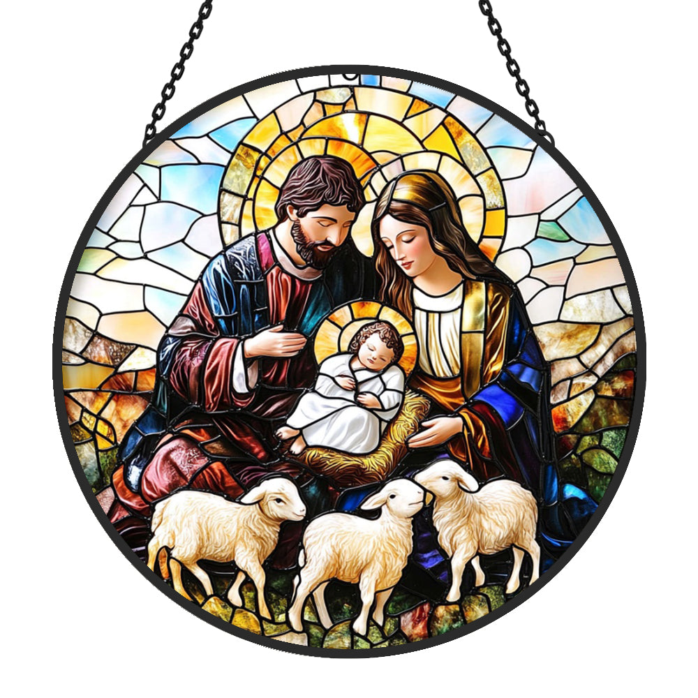 Holy family with three lambs stained glass suncatcher window hanging, suitable for home and garden decoration
