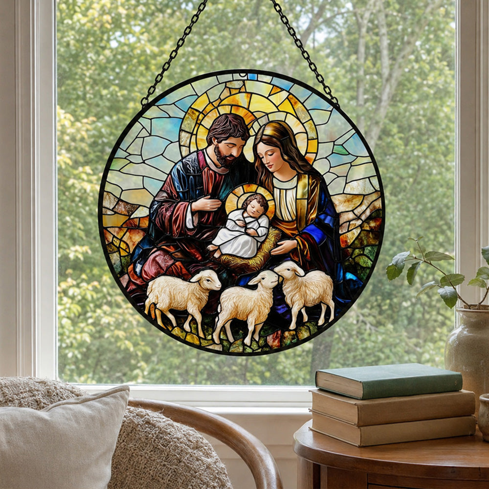 Holy family with three lambs stained glass suncatcher window hanging, suitable for home and garden decoration