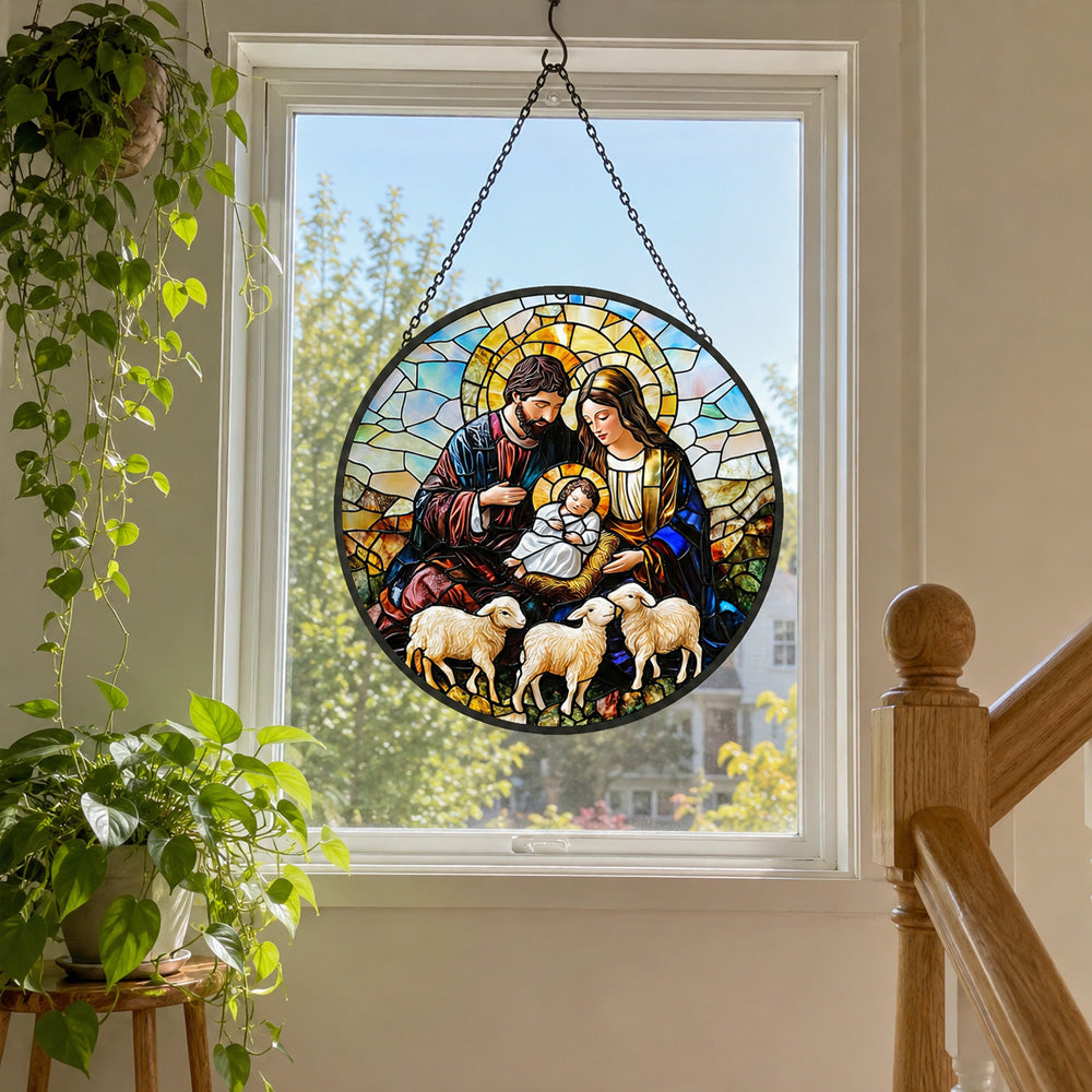 Holy family with three lambs stained glass suncatcher window hanging, suitable for home and garden decoration