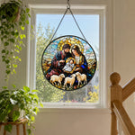 Holy family with three lambs stained glass suncatcher window hanging, suitable for home and garden decoration