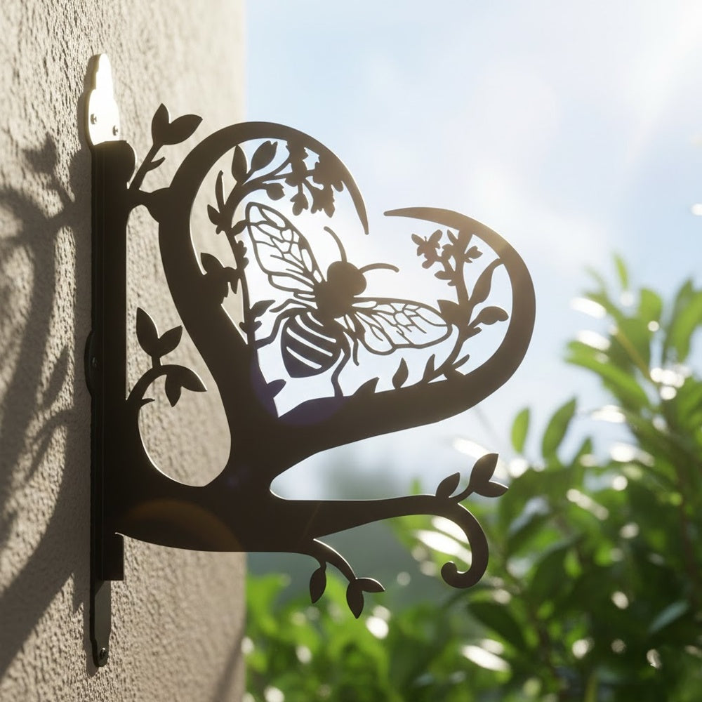 Bee metal hanging basket bracket mounted on outdoor wall for plant decoration
