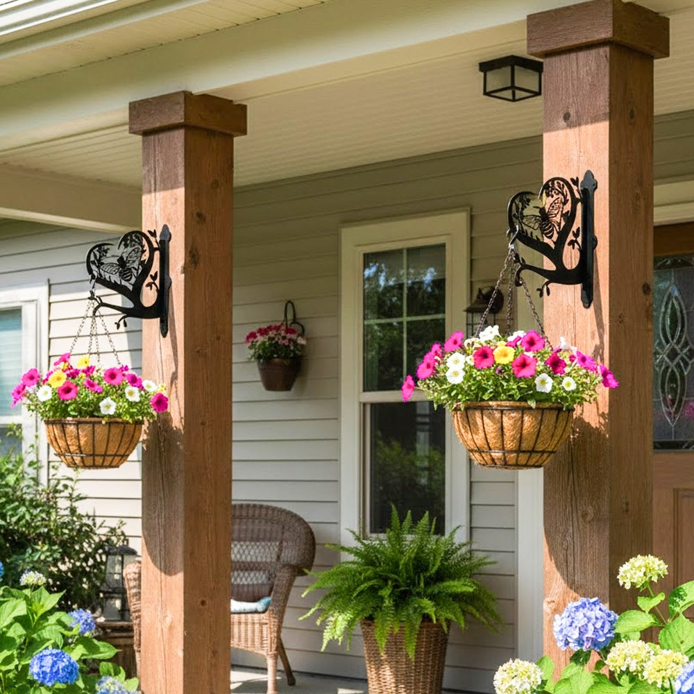Bee metal hanging basket bracket mounted on outdoor wall for plant decoration