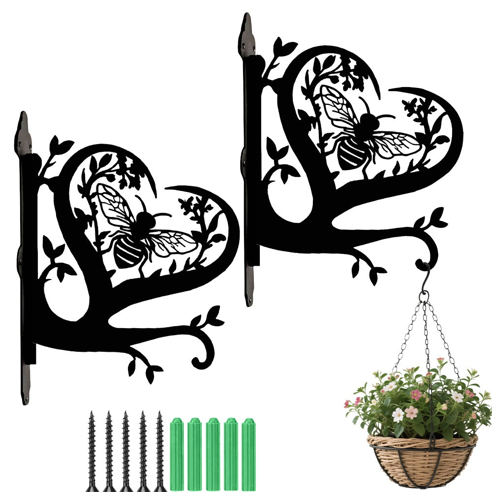 Bee metal hanging basket bracket mounted on outdoor wall for plant decoration