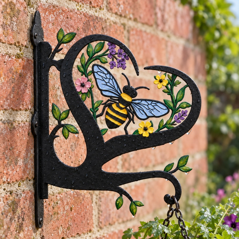 Bee metal hanging basket bracket mounted on outdoor wall for plant decoration