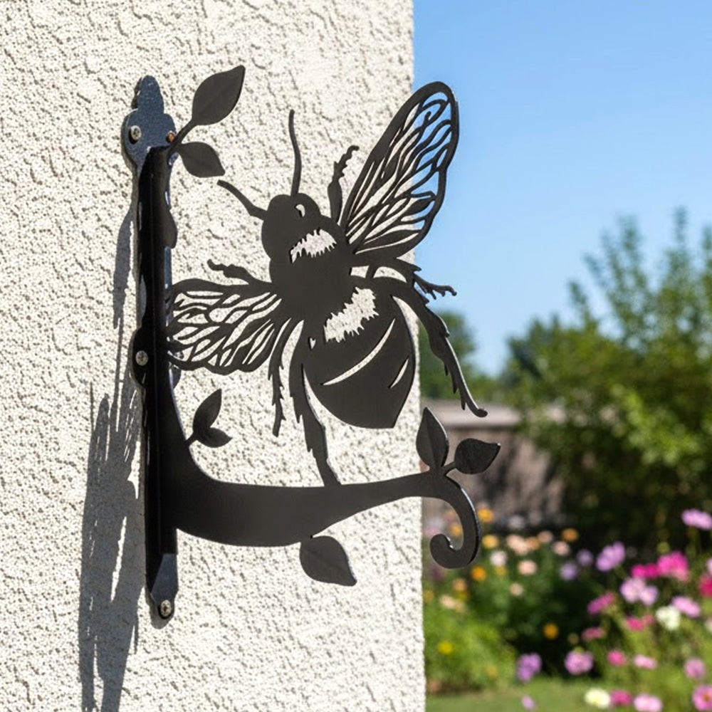 Honeybee on leaves metal hanging basket bracket mounted on outdoor wall for plant decoration