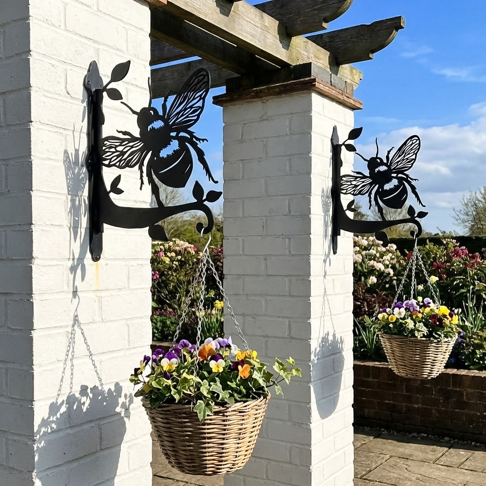Honeybee on leaves metal hanging basket bracket mounted on outdoor wall for plant decoration