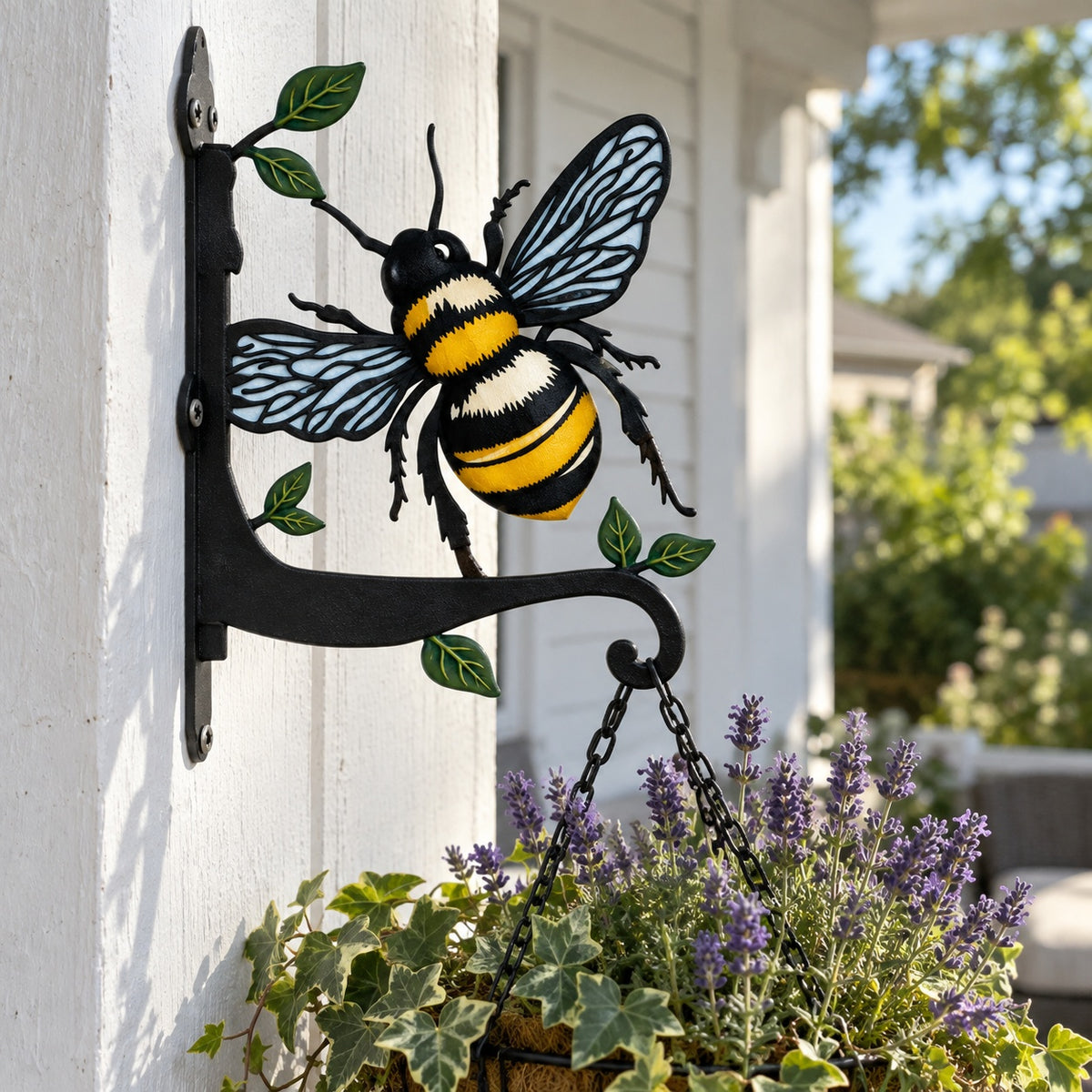 Honeybee on leaves metal hanging basket bracket mounted on outdoor wall for plant decoration