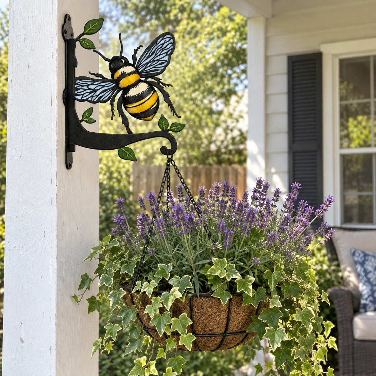 Honeybee on leaves metal hanging basket bracket mounted on outdoor wall for plant decoration