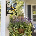 Honeybee on leaves metal hanging basket bracket mounted on outdoor wall for plant decoration