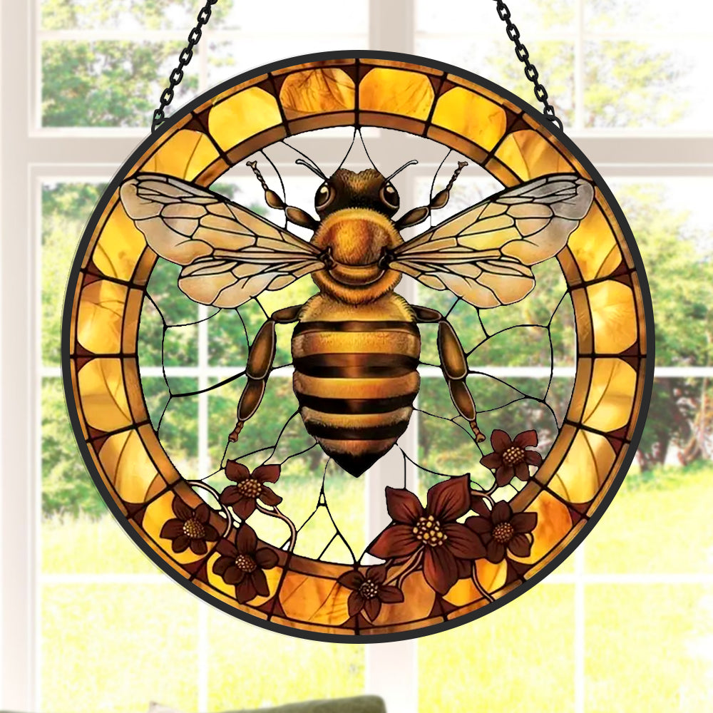 Honeybee wildflower stained glass suncatcher window hanging, suitable for home and garden decoration