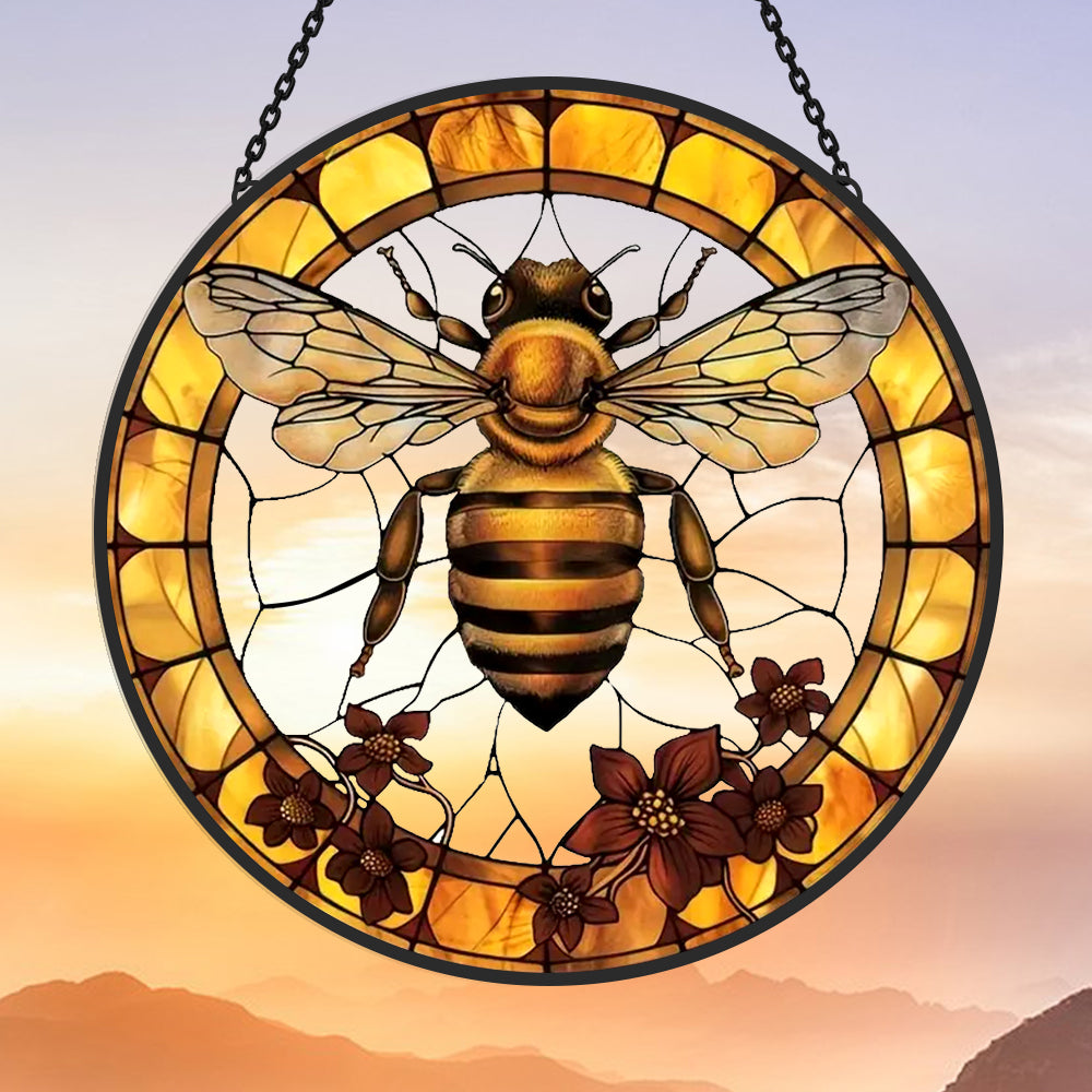 Honeybee wildflower stained glass suncatcher window hanging, suitable for home and garden decoration