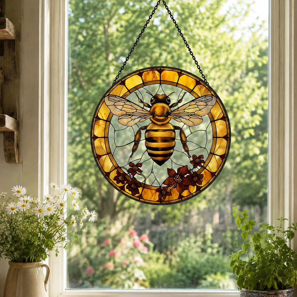 Honeybee wildflower stained glass suncatcher window hanging, suitable for home and garden decoration