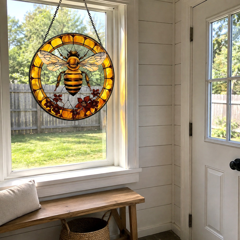 Honeybee wildflower stained glass suncatcher window hanging, suitable for home and garden decoration