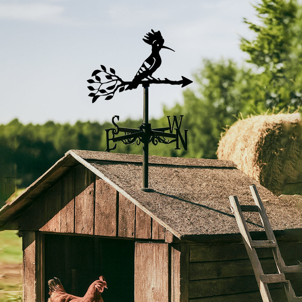 Hoopoe bird metal weather vane with directional arrows and mounting rod, outdoor roof and garden decoration